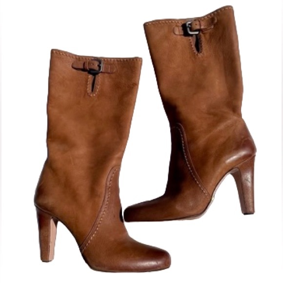 PRADA Leather Heel Mid Calf High Boots Brown Cognac Size 37.5 EU 7.5 US - Picture 2 of 11